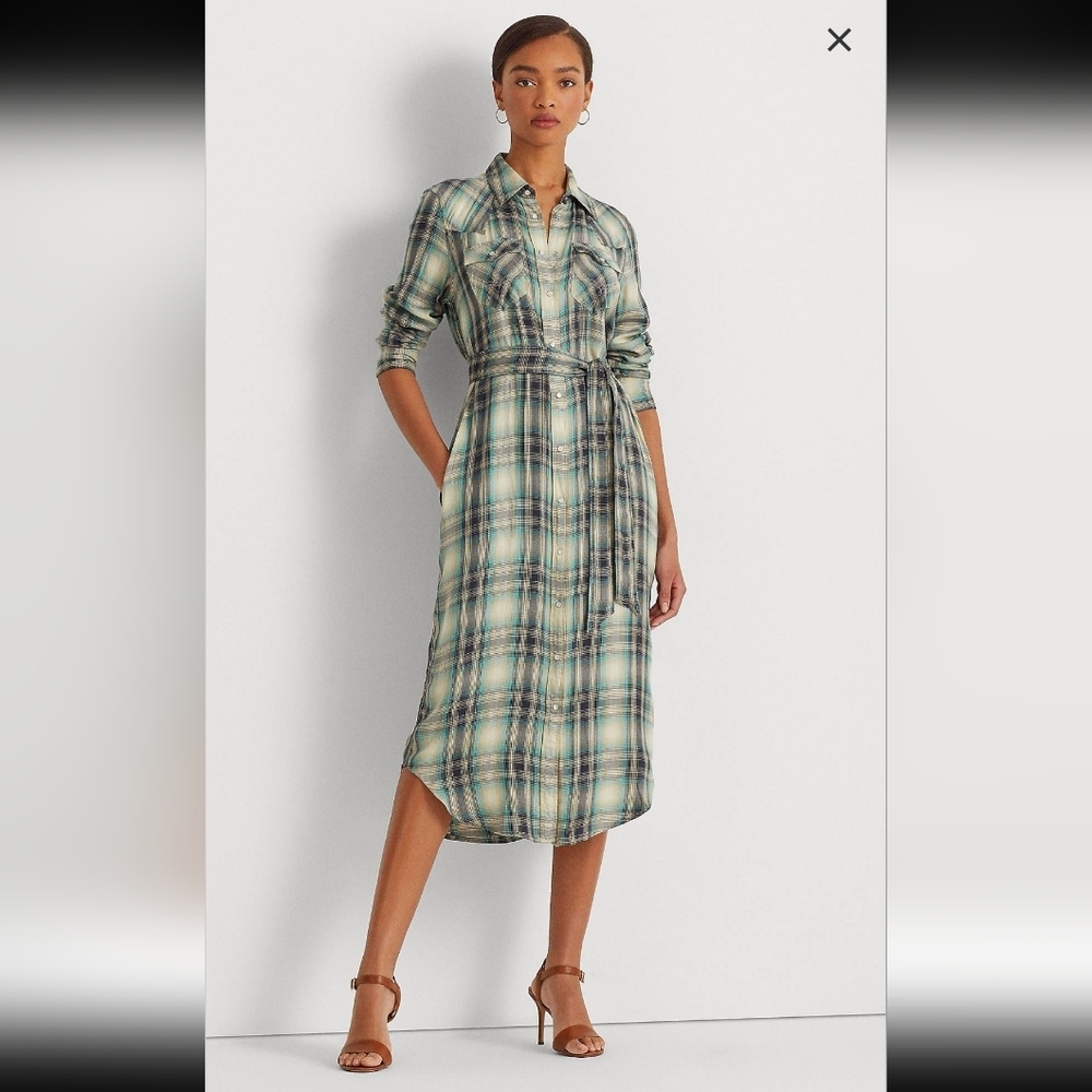 Ralph Lauren Black Label Plaid Western Chic Twill Shirt Dress, Size‎ 4P
